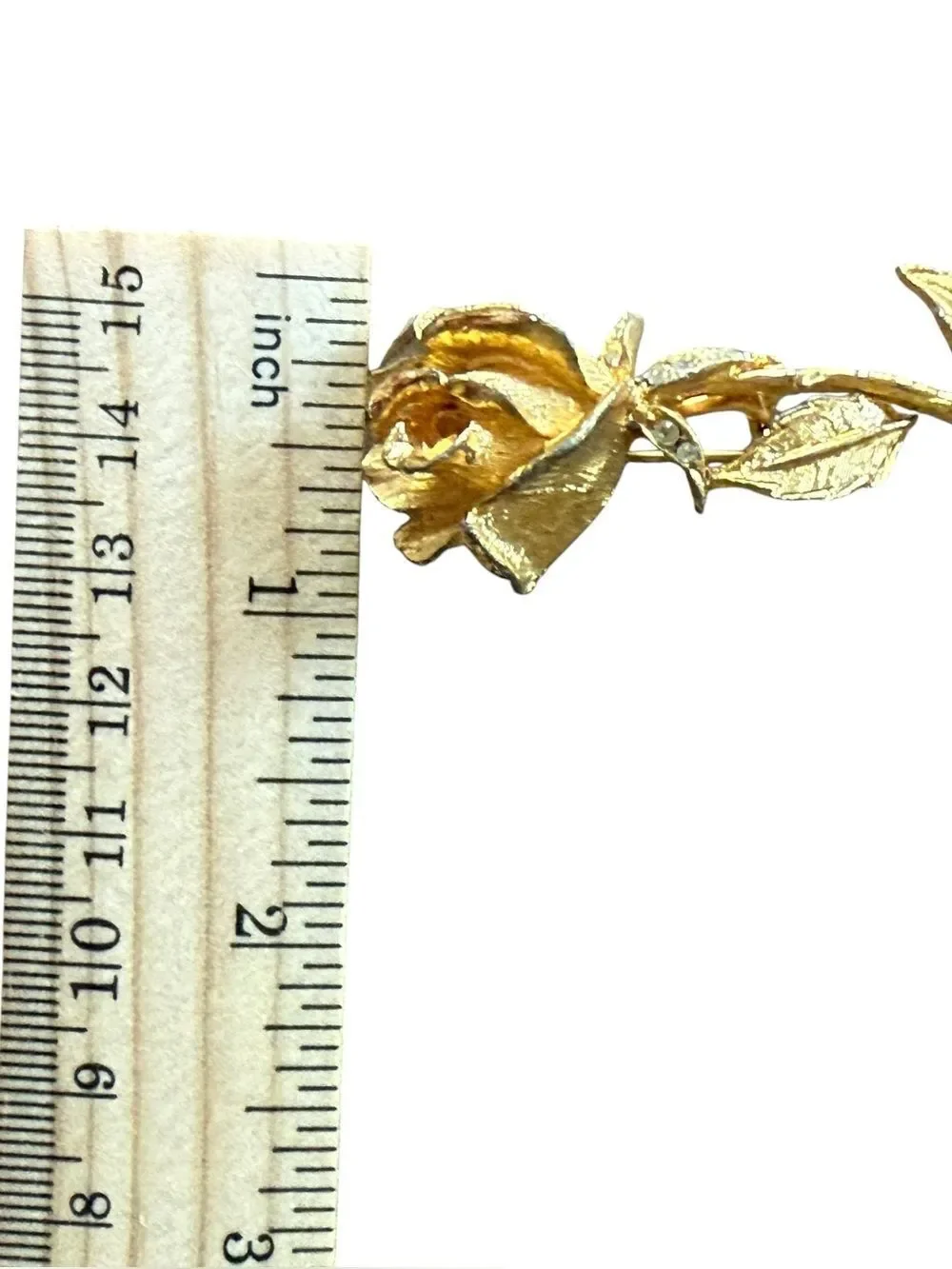 Vintage Gold Tone Long Stem Rose Brooch Pin With White Rhinestone Detail
